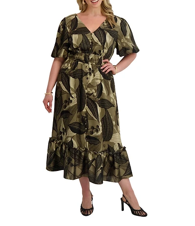 Kensie Plus Size Floral Printed V-Neck Short Sleeve Tiered Hem Satin A-Line Maxi Dress