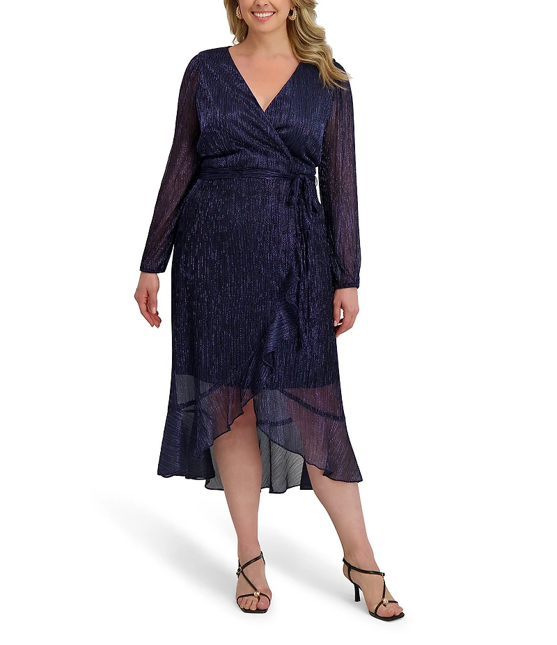 Kensie Plus Size Metallic Faux Wrap Long Sleeve Crinkle Knit Sheer Overlay Surplice V-Neck Ruffle Hem Midi Dress