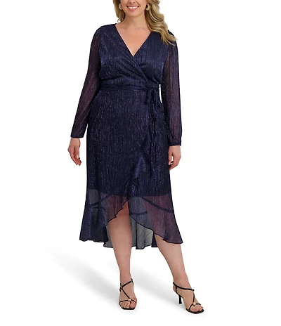 Kensie Plus Size Metallic Faux Wrap Long Sleeve Crinkle Knit Sheer Overlay Surplice V-Neck Ruffle Hem Midi Dress