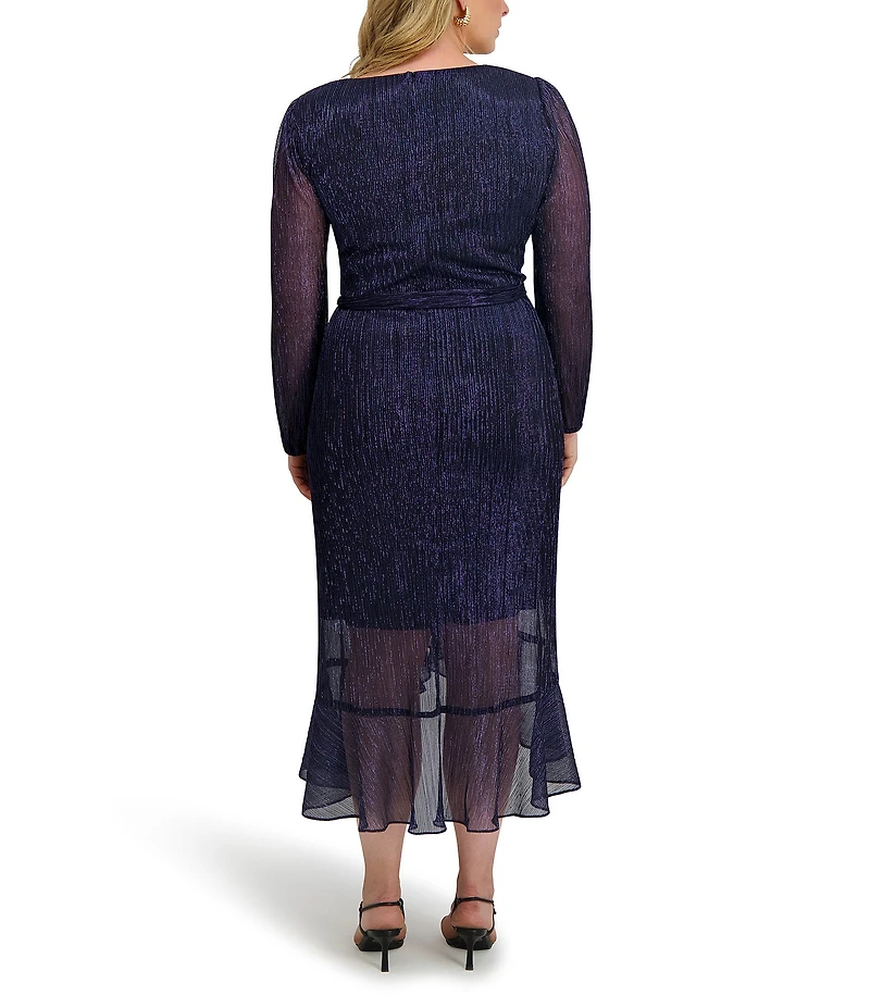Kensie Plus Size Metallic Faux Wrap Long Sleeve Crinkle Knit Sheer Overlay Surplice V-Neck Ruffle Hem Midi Dress
