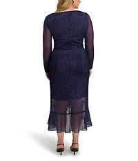 Kensie Plus Size Metallic Faux Wrap Long Sleeve Crinkle Knit Sheer Overlay Surplice V-Neck Ruffle Hem Midi Dress