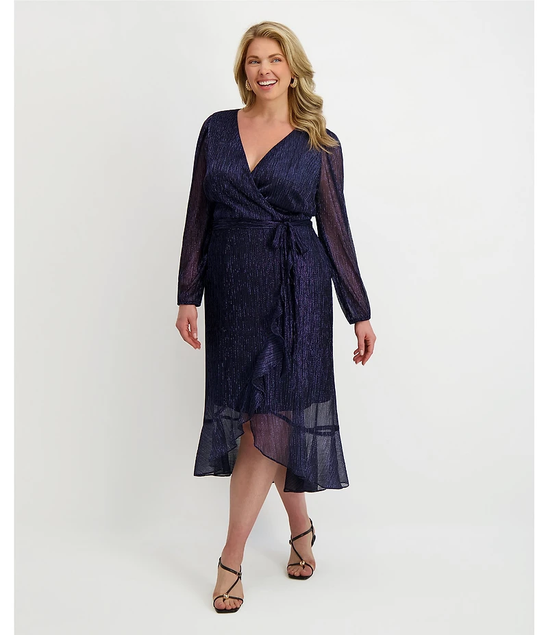 Kensie Plus Size Metallic Faux Wrap Long Sleeve Crinkle Knit Sheer Overlay Surplice V-Neck Ruffle Hem Midi Dress