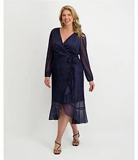 Kensie Plus Size Metallic Faux Wrap Long Sleeve Crinkle Knit Sheer Overlay Surplice V-Neck Ruffle Hem Midi Dress