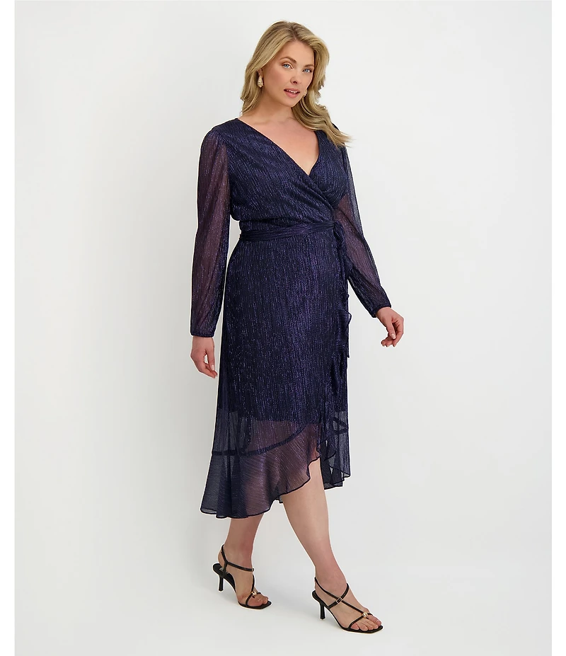 Kensie Plus Size Metallic Faux Wrap Long Sleeve Crinkle Knit Sheer Overlay Surplice V-Neck Ruffle Hem Midi Dress