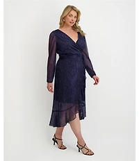 Kensie Plus Size Metallic Faux Wrap Long Sleeve Crinkle Knit Sheer Overlay Surplice V-Neck Ruffle Hem Midi Dress