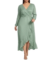 Kensie Plus Size Metallic Faux Wrap Long Sleeve Crinkle Knit Sheer Overlay Surplice V-Neck Ruffle Hem Midi Dress