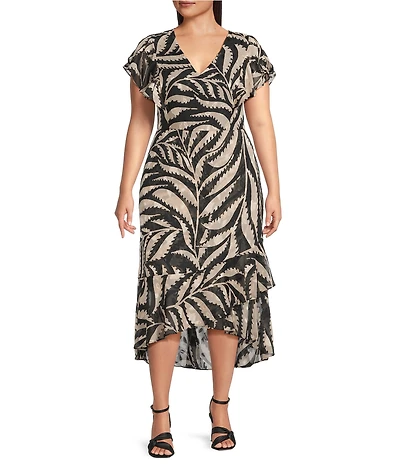 Kensie Plus Size Printed Ruffled V-Neck Short Sleeve Wrap Midi Dress