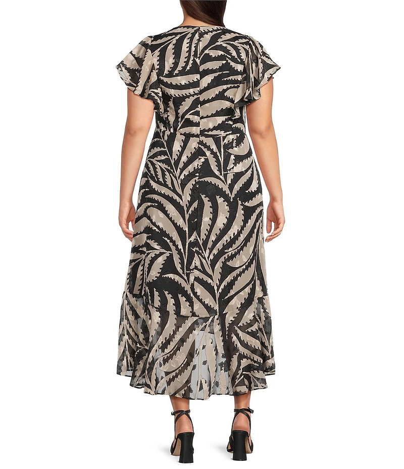 Kensie Plus Size Printed Ruffled V-Neck Short Sleeve Wrap Midi Dress