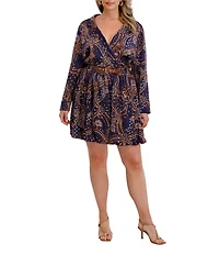 Kensie Plus Size Printed Satin Charmeuse Long Sleeve A-Line Belted Dress