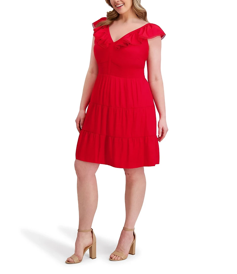 Kensie Plus Size Ruffle Neck Short Sleeve Dress