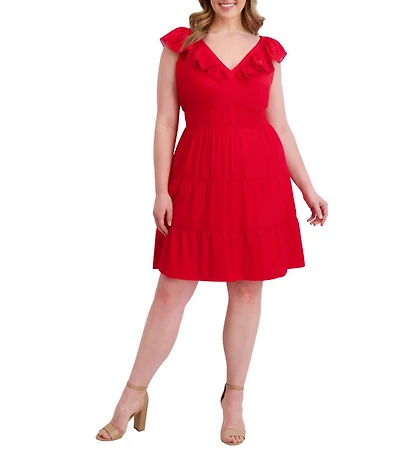 Kensie Plus Size Ruffle Neck Short Sleeve Dress