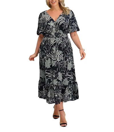 Kensie Plus Size Satin Floral Printed V-Neck Short Sleeve Tiered Hem A-Line Maxi Dress