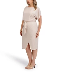 Kensie Plus Size Shimmer Crepe Round Neck Short Sleeve Belted Sheath Knee Dress