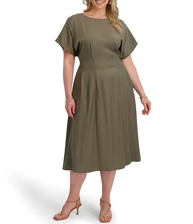 Kensie Plus Size Short Sleeve A-Line Woven Midi Dress