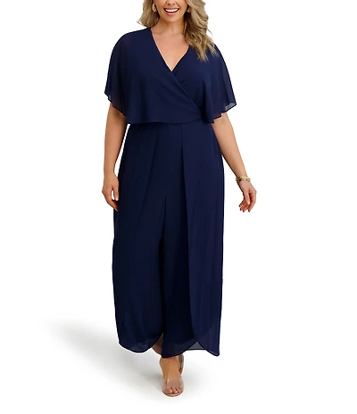 Kensie Plus Size Short Sleeve V-Neck Chiffon Jumpsuit