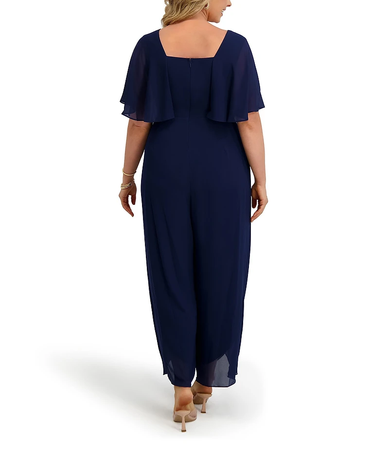 Kensie Plus Size Short Sleeve V-Neck Chiffon Jumpsuit