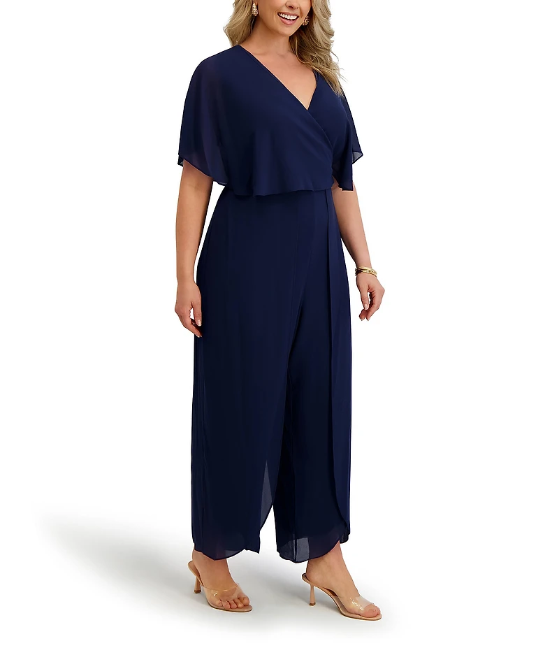 Kensie Plus Size Short Sleeve V-Neck Chiffon Jumpsuit