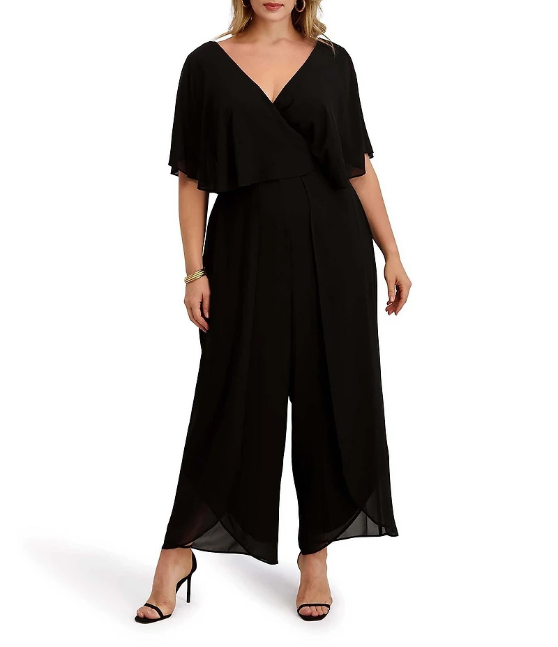Kensie Plus Size Short Sleeve V-Neck Chiffon Jumpsuit