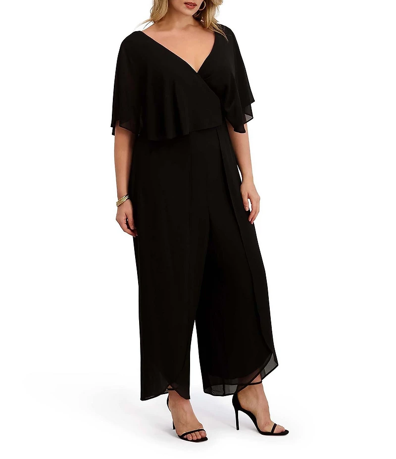 Kensie Plus Size Short Sleeve V-Neck Chiffon Jumpsuit