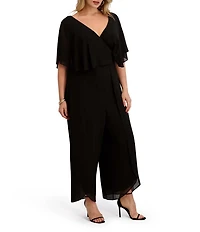 Kensie Plus Size Short Sleeve V-Neck Chiffon Jumpsuit