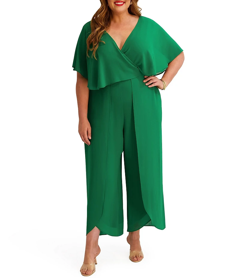 Kensie Plus Size Short Sleeve V-Neck Chiffon Jumpsuit