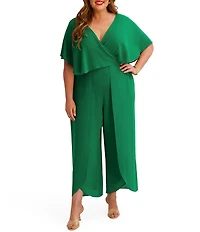 Kensie Plus Size Short Sleeve V-Neck Chiffon Jumpsuit