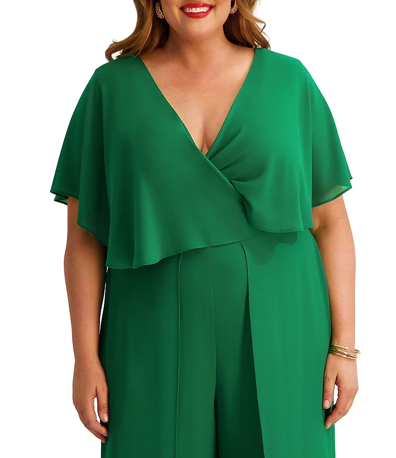 Kensie Plus Size Short Sleeve V-Neck Chiffon Jumpsuit