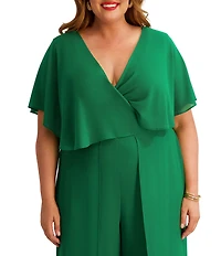 Kensie Plus Size Short Sleeve V-Neck Chiffon Jumpsuit