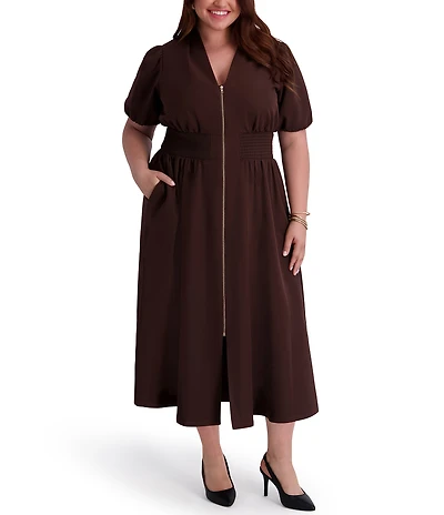 Kensie Plus Size Short Sleeve V Neck Drapey Scuba Midi Dress