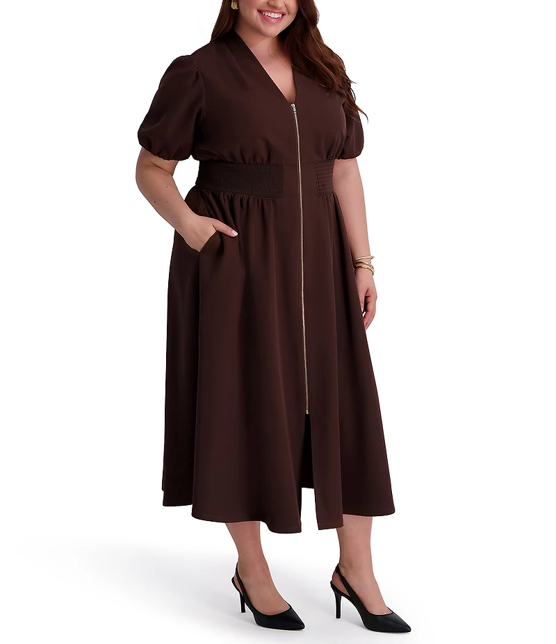 Kensie Plus Size Short Sleeve V Neck Drapey Scuba Midi Dress