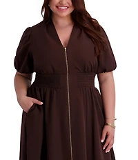Kensie Plus Size Short Sleeve V Neck Drapey Scuba Midi Dress