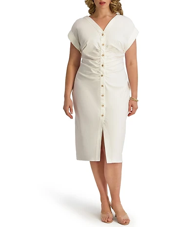 Kensie Plus Size Short Sleeve V-Neck Ruched Button Front Midi Dress