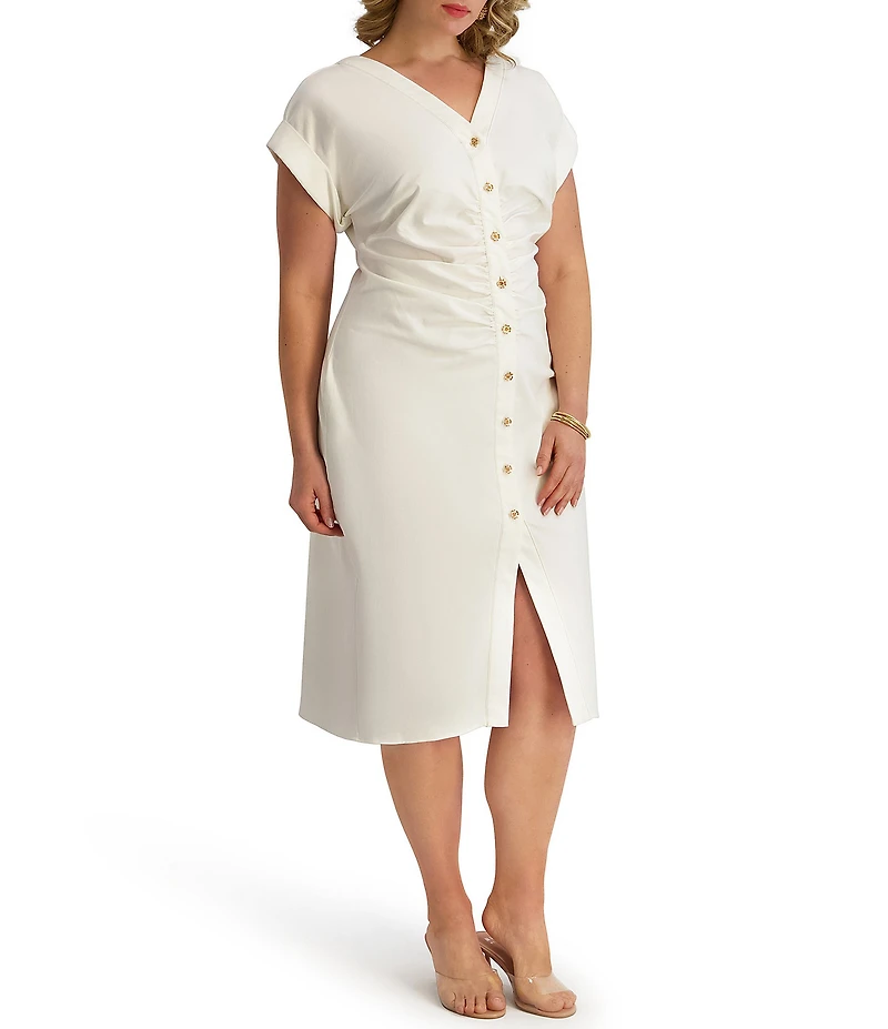 Kensie Plus Size Short Sleeve V-Neck Ruched Button Front Midi Dress