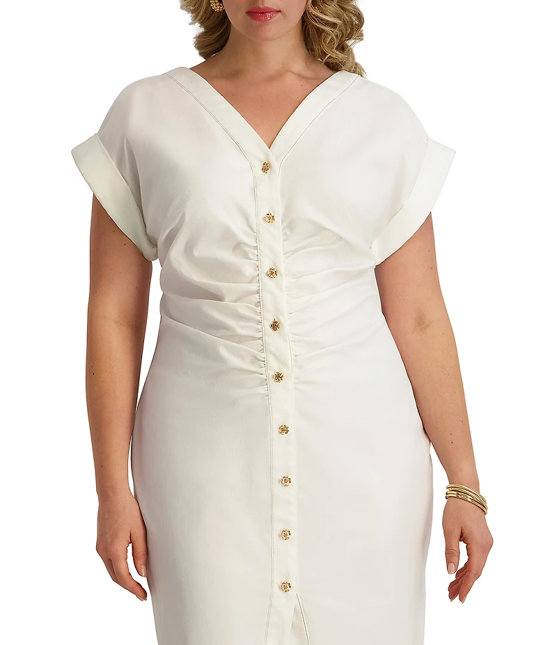 Kensie Plus Size Short Sleeve V-Neck Ruched Button Front Midi Dress