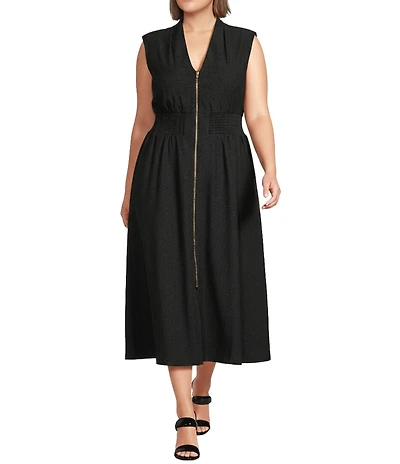 Kensie Plus Size Sleeveless V-Neck Elastic Waist Zip Front A-Line Midi Dress