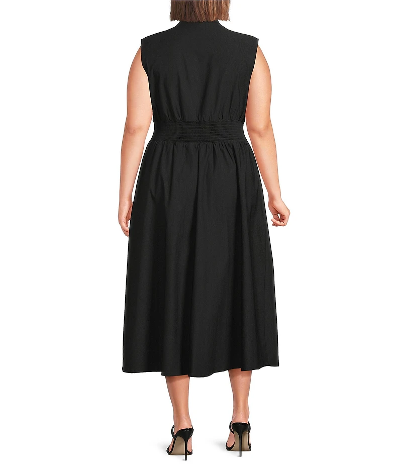 Kensie Plus Size Sleeveless V-Neck Elastic Waist Zip Front A-Line Midi Dress