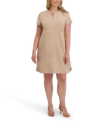 Kensie Plus Size Stretch Suede Short Sleeve Zip Front Sheath Dress