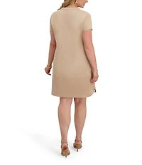 Kensie Plus Size Stretch Suede Short Sleeve Zip Front Sheath Dress