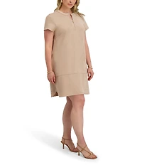 Kensie Plus Size Stretch Suede Short Sleeve Zip Front Sheath Dress
