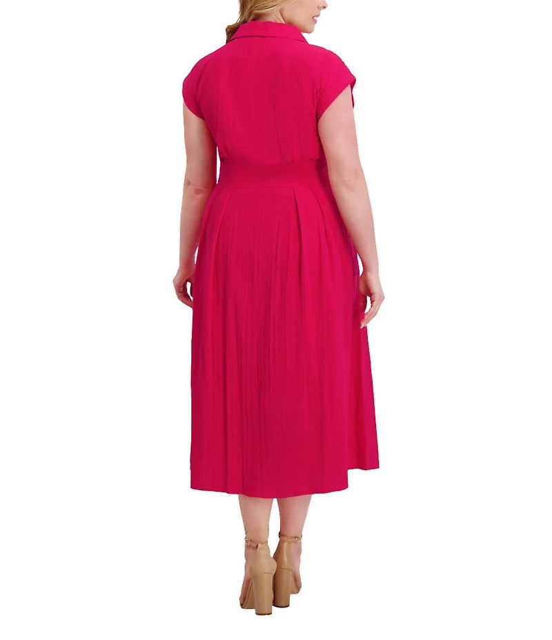 Kensie Plus Size Striped Woven Collared V-Neckline Short Sleeve A-Line Midi Dress