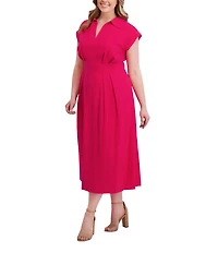 Kensie Plus Size Striped Woven Collared V-Neckline Short Sleeve A-Line Midi Dress