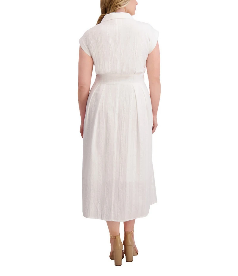 Kensie Plus Size Striped Woven Collared V-Neckline Short Sleeve A-Line Midi Dress