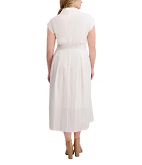 Kensie Plus Size Striped Woven Collared V-Neckline Short Sleeve A-Line Midi Dress