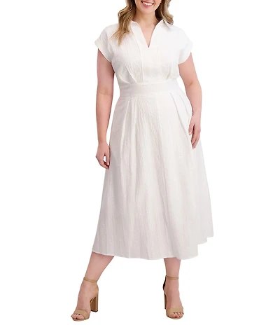 Kensie Plus Size Striped Woven Collared V-Neckline Short Sleeve A-Line Midi Dress