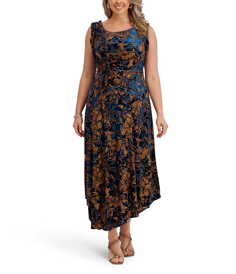 Kensie Plus Size Velvet Mesh Burnout Floral Print Sleeveless Dress