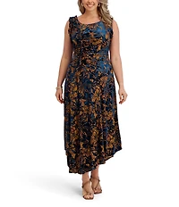 Kensie Plus Size Velvet Mesh Burnout Floral Print Sleeveless Dress