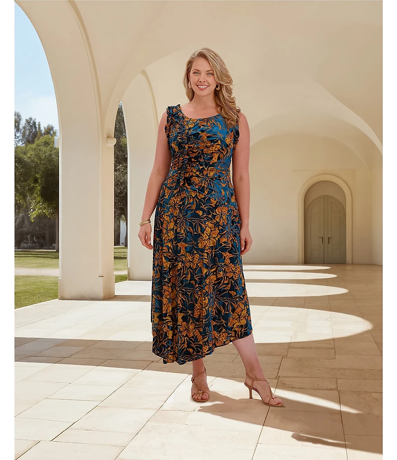 Kensie Plus Size Velvet Mesh Burnout Floral Print Sleeveless Dress