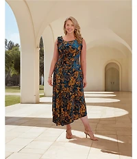 Kensie Plus Size Velvet Mesh Burnout Floral Print Sleeveless Dress