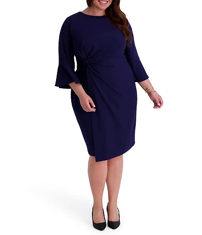 Kensie Plus Stretch Boat Neck Mid Length Bell Sleeve Twist Waist Faux Wrap Skirt Sheath Dress