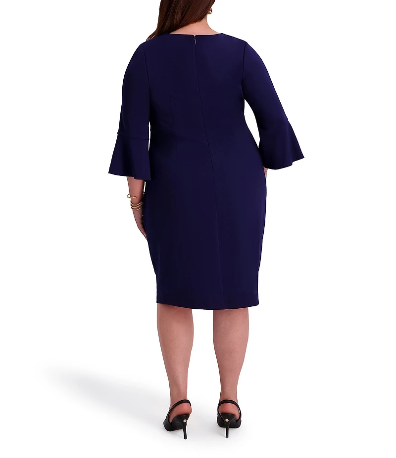 Kensie Plus Stretch Boat Neck Mid Length Bell Sleeve Twist Waist Faux Wrap Skirt Sheath Dress